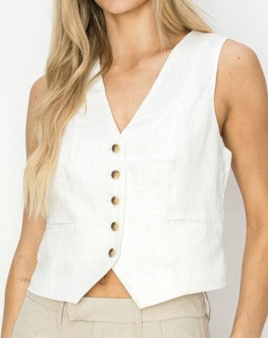 WHITE Linen Button Vest