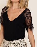 Lace Sleeve V-Neck Top - BLACK