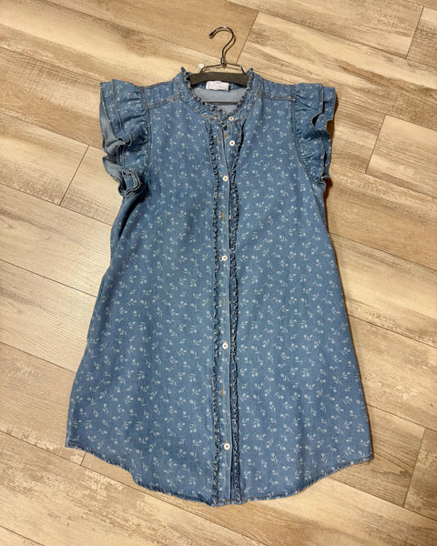 Floral Denim Ruffle Sleeve Dress