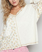 V-Neck Mixed Fabric Top - Eggshell