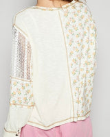 V-Neck Mixed Fabric Top - Eggshell