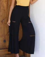 Lace Detail Tiered Wide Leg Pants - Black