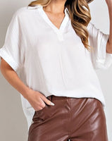 White V-Neck Short Sleeve Blouse
