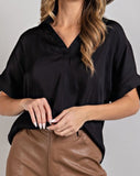 Black V-Neck Short Sleeve Blouse