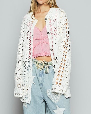 Crochet Button Down Cardigan - Off White
