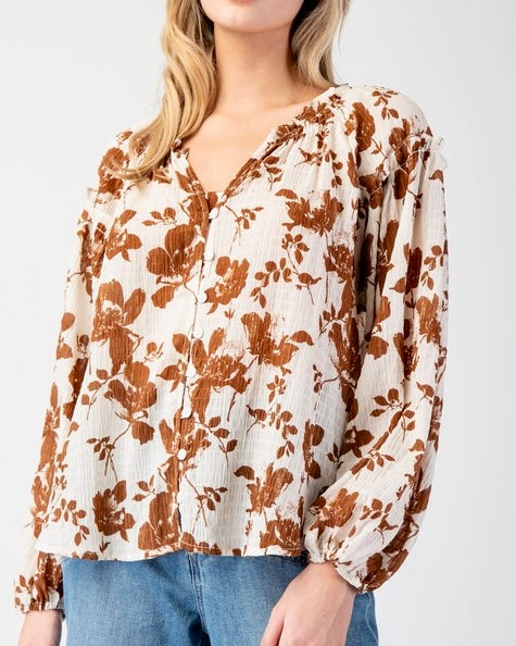 Floral Print Button Down Blouse - Brown