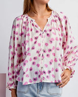 Poppy Print Button Down Blouse - Pink