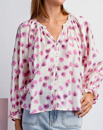 Poppy Print Button Down Blouse - Pink