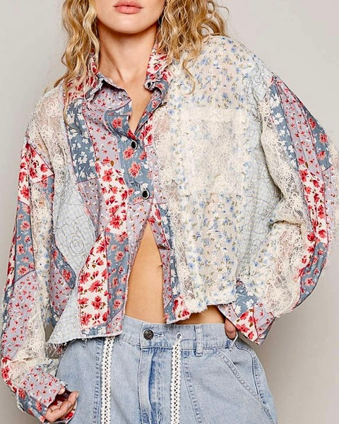 Mixed Fabric Button Down - Blue