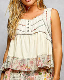 Floral Trim Henley Tank - Cream