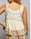Floral Trim Henley Tank - Cream