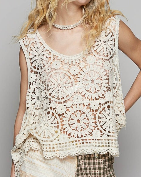 Round Neck Crochet Tank - Natural