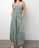 Cactus Print Strapless Jumpsuit - Sage