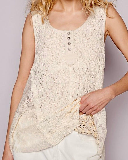 Lace Henley Tank Top - Cream
