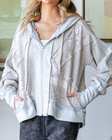 Washed Lace Detail Zip Up Hoodie