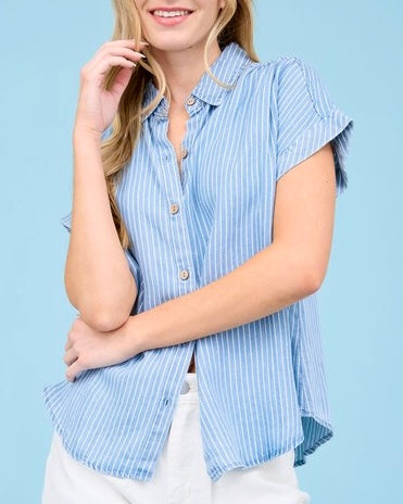Chambray Stripe Short Sleeve Button Down