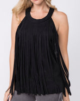 Black Sleeveless Suede Fringe Top