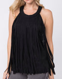 Black Sleeveless Suede Fringe Top