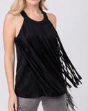 Black Sleeveless Suede Fringe Top