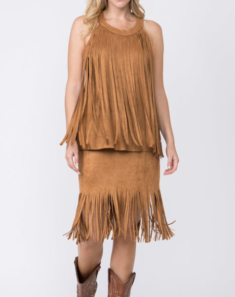 Camel Sleeveless Suede Fringe Top