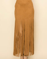 Camel Suede Long Fringe Skirt