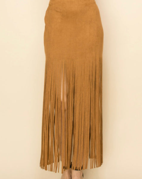 Camel Suede Long Fringe Skirt
