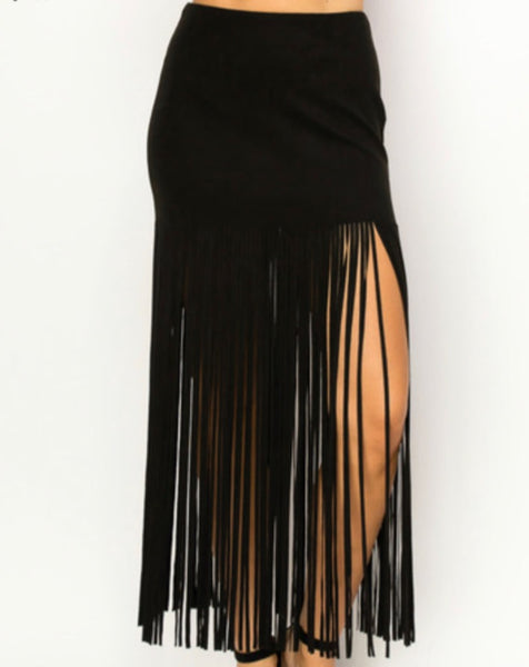Black Suede Long Fringe Skirt