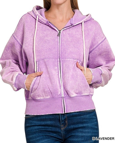 Zip Washed Fleece Hoodie - B-Lavender