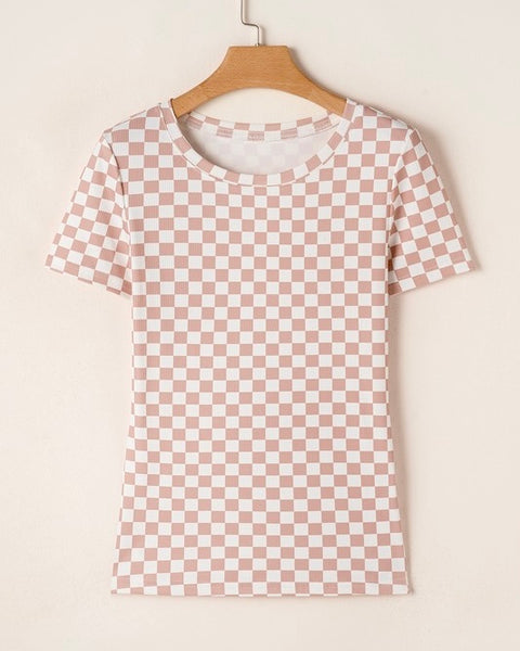 Checkered Short Sleeve Top - Blush