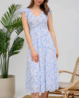 Smocked Floral Print Dress - BLUE