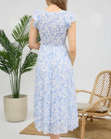 Smocked Floral Print Dress - BLUE