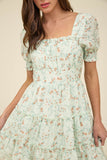 Floral Square Neck Tiered Dress - Mint
