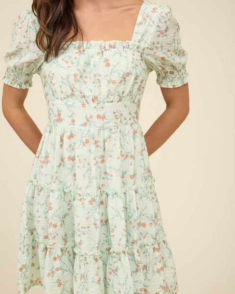 Floral Square Neck Tiered Dress - Mint