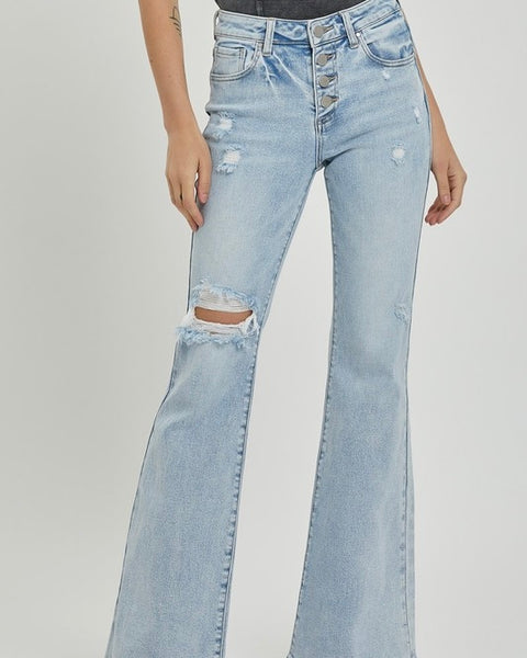 Button Fly Flare Jeans - Light Wash