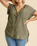Washed Button Up Short Sleeve Top *4//COLORS*