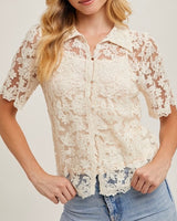 Embroidered Lace Pearl Button Top - Cream