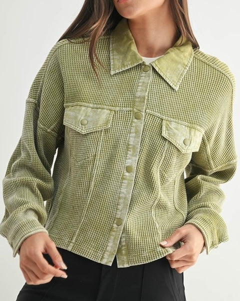 Washed Waffle Knit Jacket in Pear