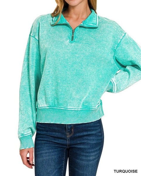 Washed Fleece Zip Pullover - Turquoise