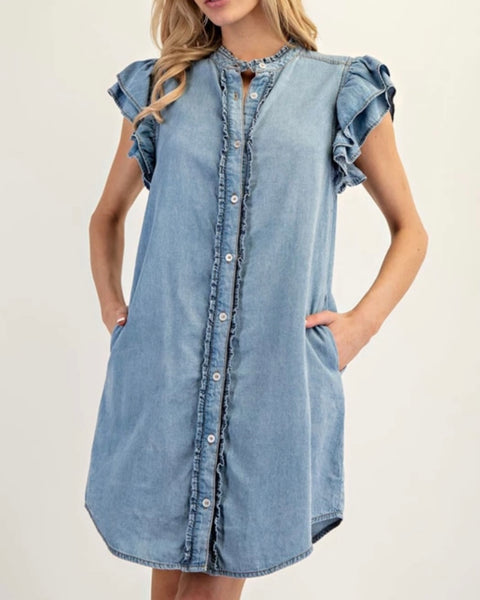 Button Down Ruffle Sleeve Dress