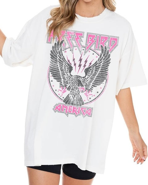 Oversized Free Bird America Tee - WHITE