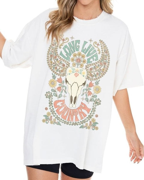 Oversized Long Live Country Tee - WHITE