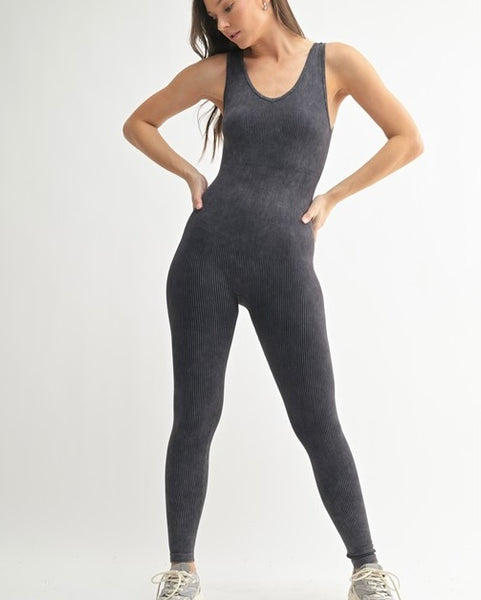 Washed Ribbed Unitard / Jumpsuit - BLACK