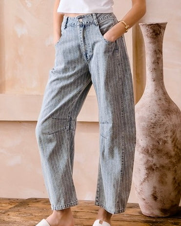Washed Denim Stripe Barrel Jeans