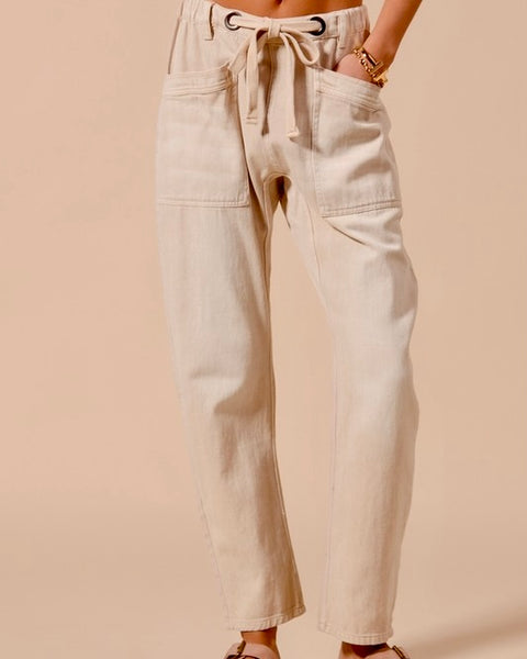 Drawstring Belt Jeans in Cream