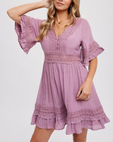 V-Neck Lace Trim Dress - Plum