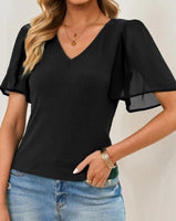 Ribbed V-Neck Flutter Sleeve Top *3//COLORS*