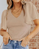 Ribbed V-Neck Flutter Sleeve Top *3//COLORS*