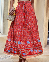 Boho Floral Print Skirt - Red