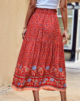 Boho Floral Print Skirt - Red