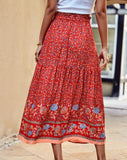 Boho Floral Print Skirt - Red